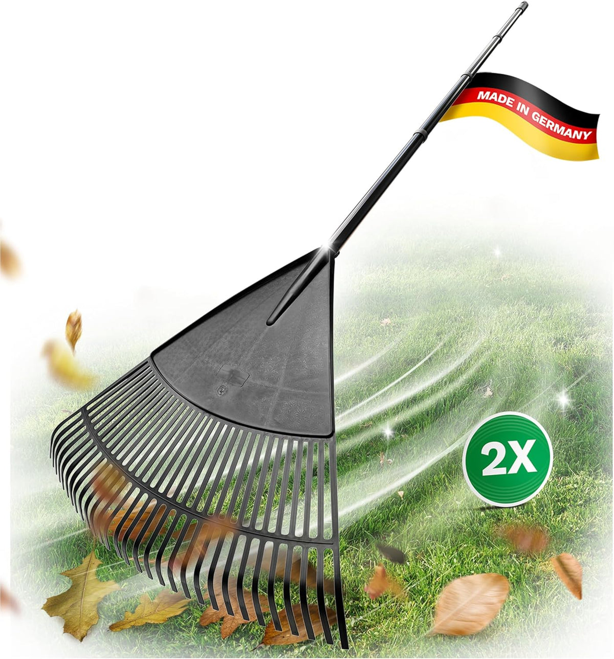 Bladbezem – Tuinbezem – Gazonhark – Hark – Landschapsbezem – 3-Delig Met 75 Cm Werkbreedte – Verstelbare 4-delige Steek- En Schroefsteel