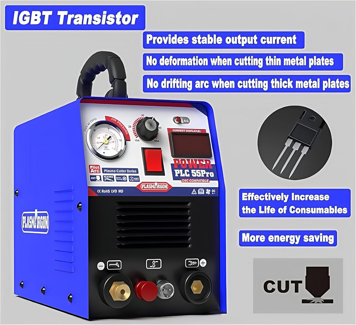 Plasmasnijder 220 V 55 A, HF Non-Touch Pilot Arc, 20 mm Max snijdikte, 15 mm zuivere snede (PLC55P)