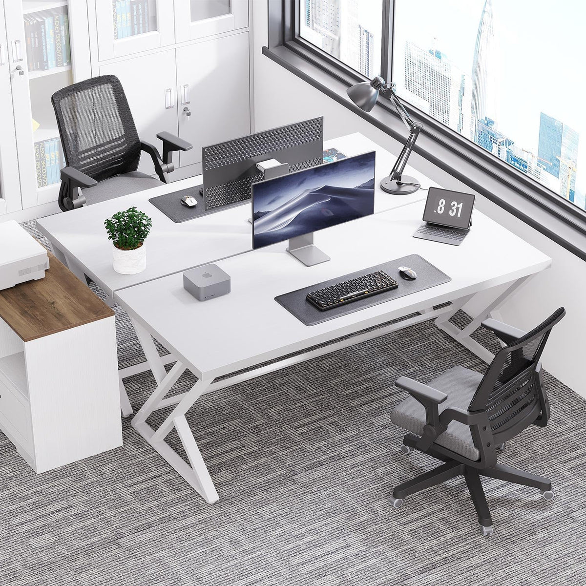 LVB Computer Tafel Lange Industriële Home Office Desk voor Student Grote Metalen Schrijven Studie Werk Desk Farmhouse Executive Gaming Computer Tafel voor Slaapkamer Woonkamer Wit
