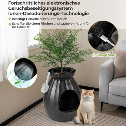 FANTASK Kattenbak, 50 x 50 x 59 cm, kattenbak met elektronisch geurverwijderingssysteem, bloempotstijl met kunstplant en kiezelstenen, zwarte kattenbak