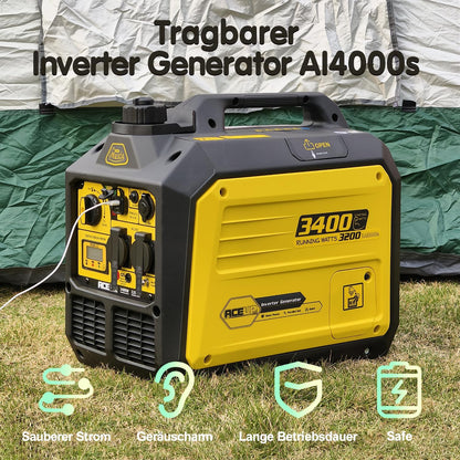 Aceup Energy 3400 W inverter-stroomgenerator, benzine, stroomgenerator, noodstroomaggregaat, 4-takt motor voor camping