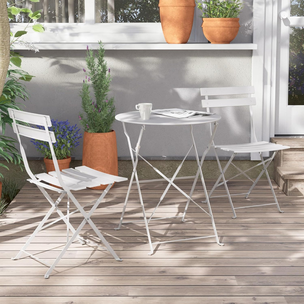 Grand patio Bistro Set van 3 tuinmeubelen, zitgroep, 2 stoelen en 1 tafel, premium staal, inklapbaar, balkonset voor binnenplaats, tuin, buiten (wit)