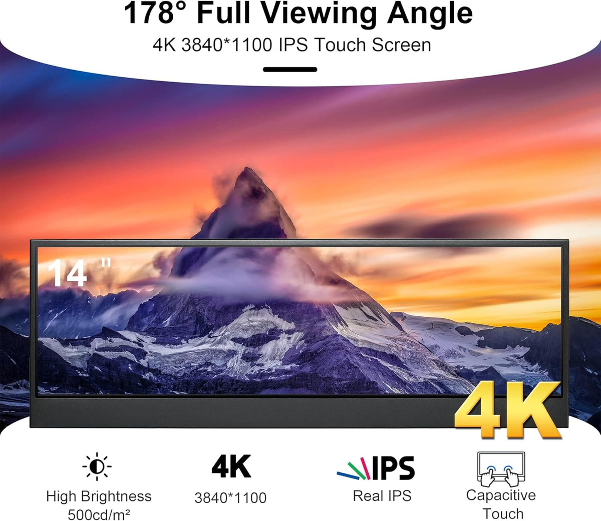 14 ''4K UHD IPS 3840x1100 Uitgerekt Bar Touchscreen Display Monitor voor Laptop PC Snelheidstemperatuur Windows Aida64 CPU GPU HDMI Secundaire Monitor voor Muziek Media Tijdlijn Bewerken