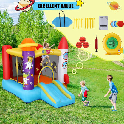 Opblaasbaar slot voor kinderen (2-8 jaar), opblaasbaar slot met ventilator, astronautenspeelplaats en schietruimte, raketkasteel voor binnen- en buitenfeesten
