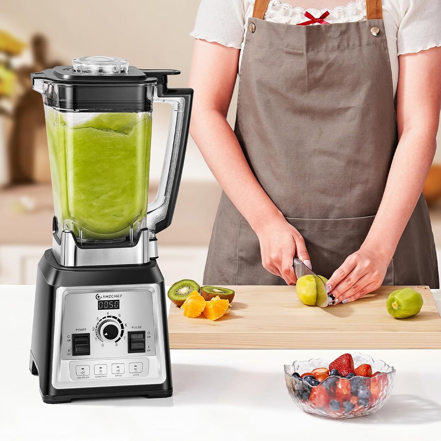 AMZCHEF Blender, 2000 watt, 2 liter, krachtige blender, blender met 8 instelbare snelheden en 4 voorprogramma's voor crushed ijs, smoothiemaker, vleesmixer, BPA-vrij