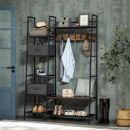 HOMCOM Coat Rack Coat Rack with Sofa, Clothes Rack with Adjustable Hooks, Fabric Drawers, 185.5 cm High, Coat Rack for Hallway, Bedroom, Rustic Brown+Grey - QUORE