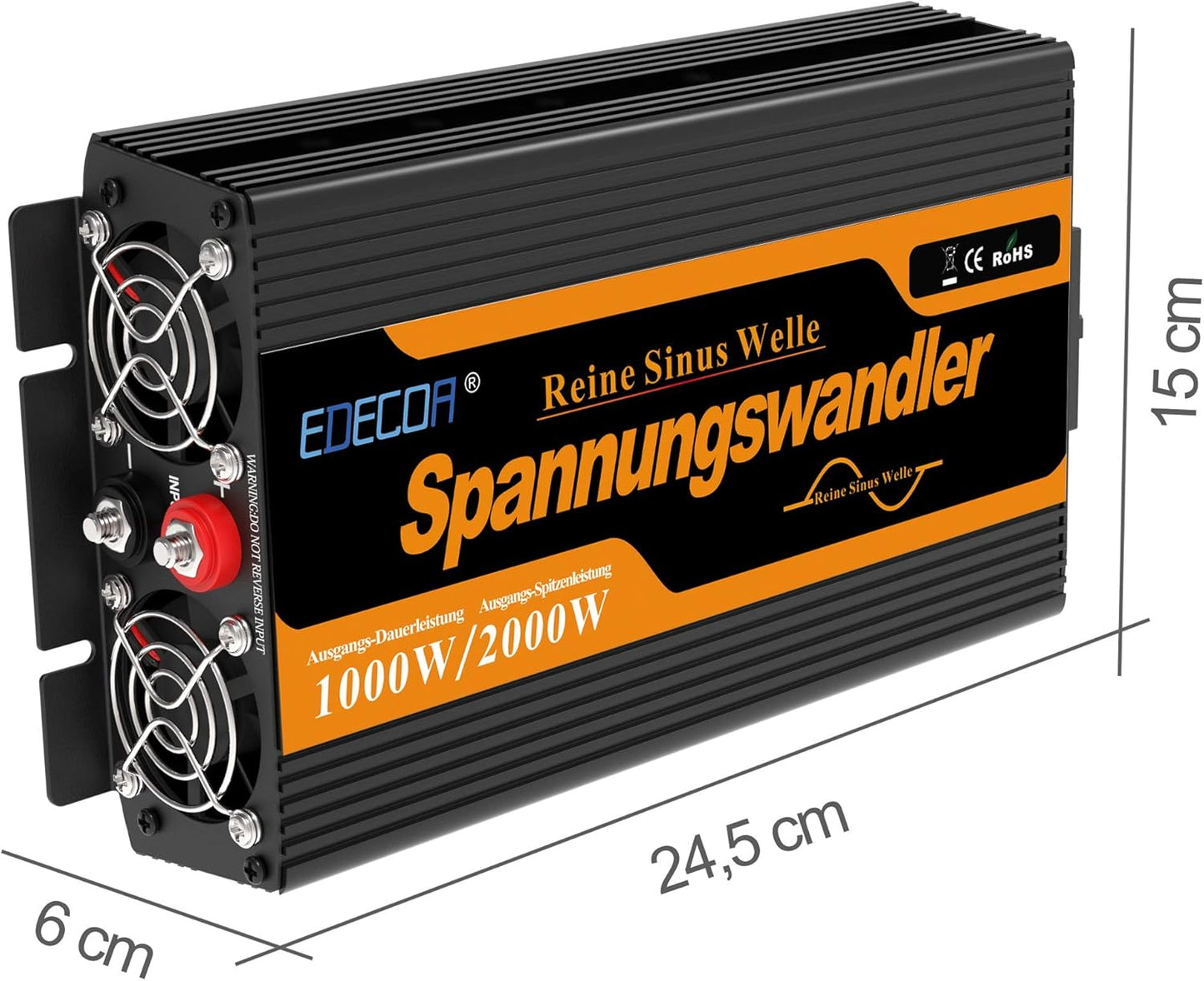 EDECOA Omvormer Zuivere Sinus 1000W 12 V 230 V Auto Omvormer 12V naar 230V Spanningsomvormer 2000W Piekvermogen Inverter Pure Sine Wave met Afstandsbediening EU Stopcontacten
