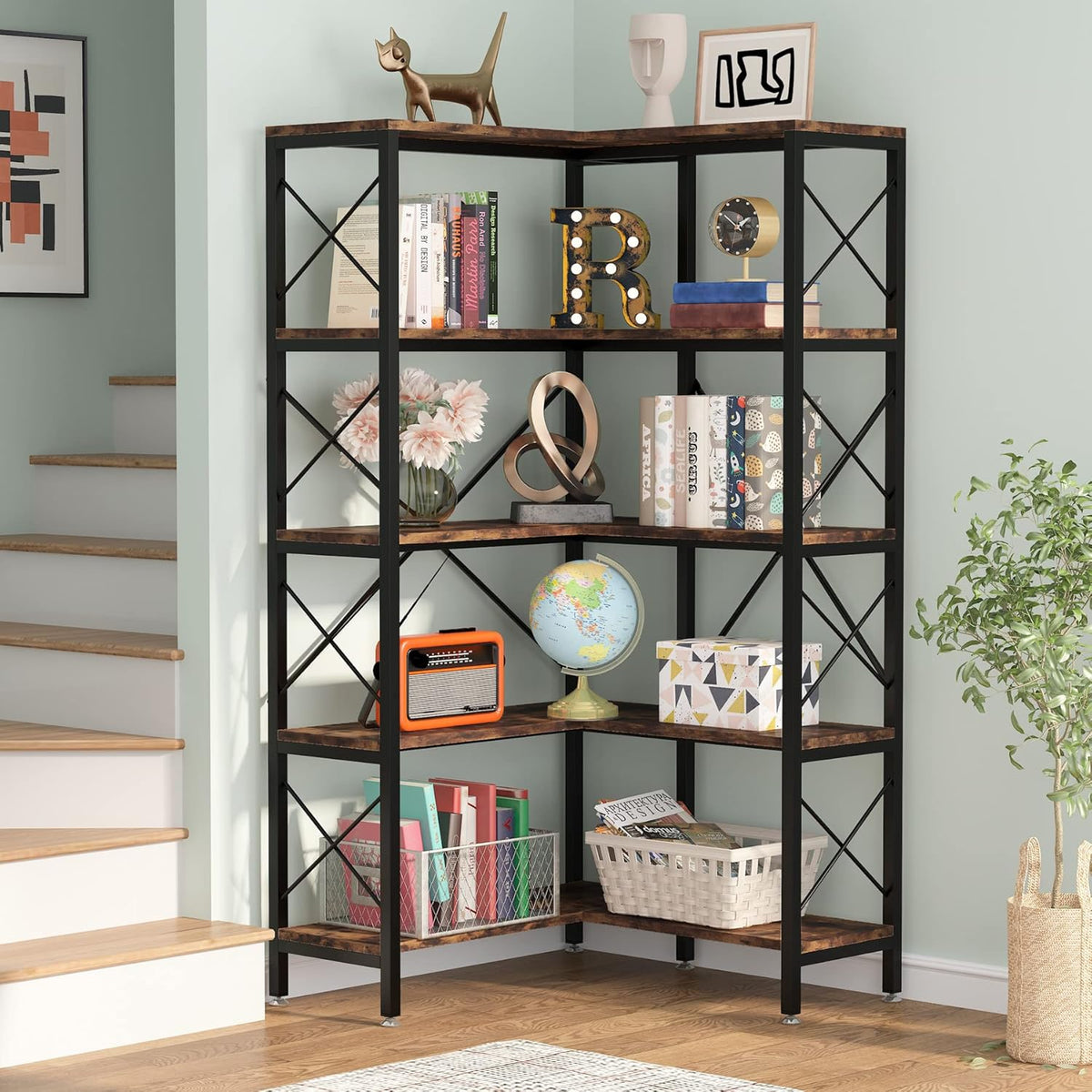 Tribesigns 5 Piece Corner Bookshelf, Large Modern Corner Book Shelf, 5 Tier Tall Corner Shelf, Metal Frame Storage Rack for Living Room, Home Office (Brown)
