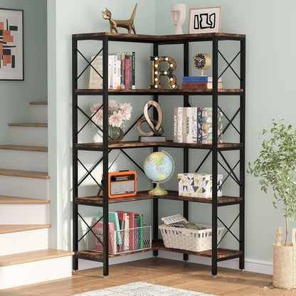 Tribesigns 5 Piece Corner Bookshelf, Large Modern Corner Book Shelf, 5 Tier Tall Corner Shelf, Metal Frame Storage Rack for Living Room, Home Office (Brown)