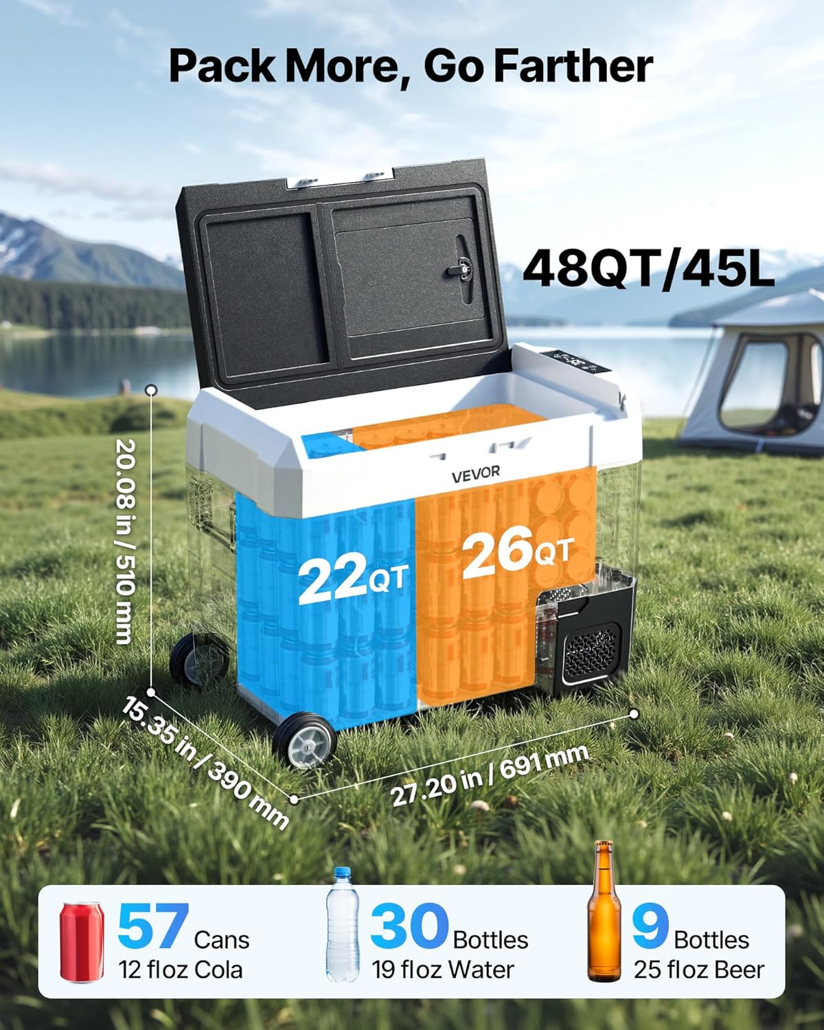 VEVOR Draagbare autokoelkast met compressor, inhoud 45 liter, koelcontainer met dubbele zone, temperatuur tussen -20 tot 20 °C, app-bediening, mini-koelkast voor auto, caravan, camping, vissen