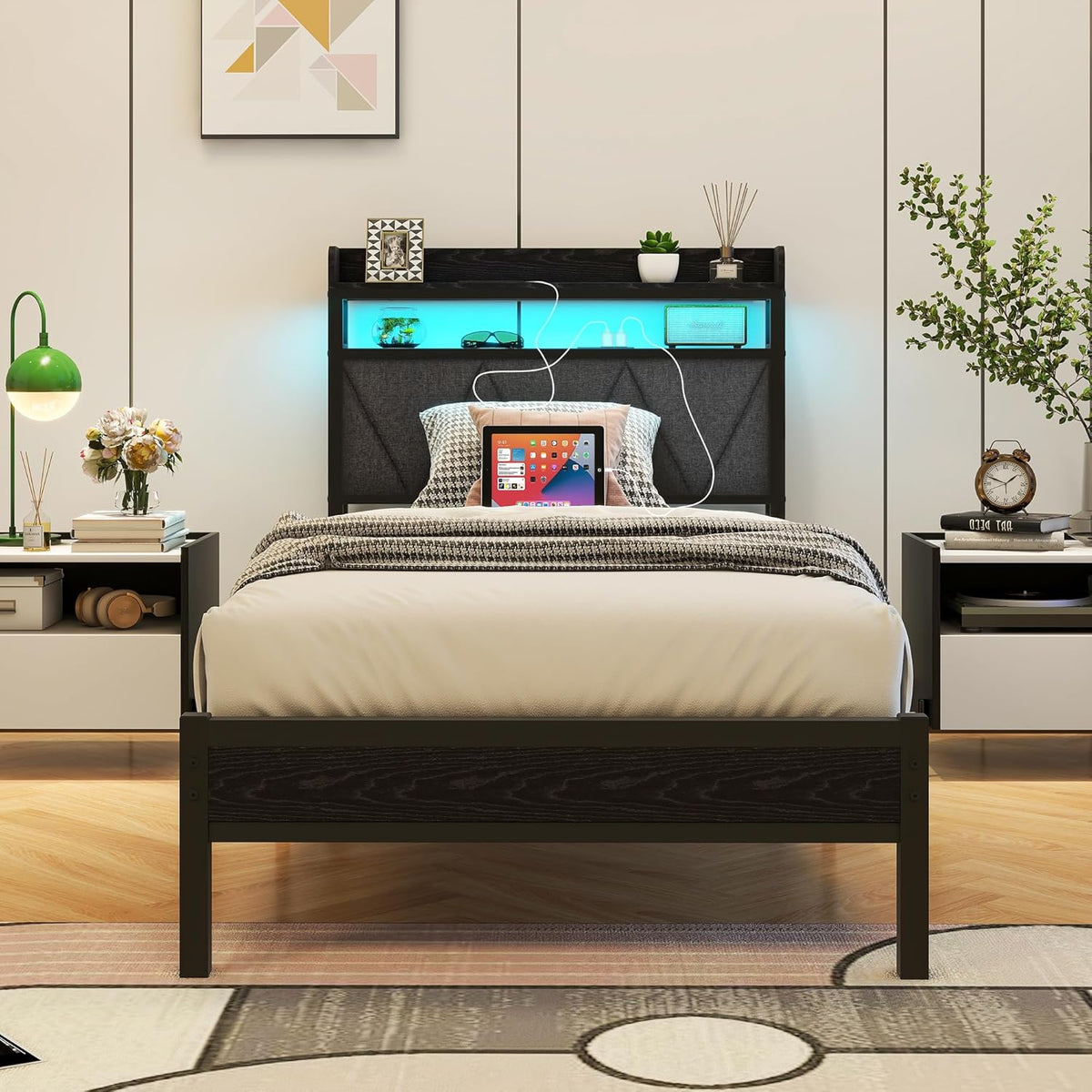 Gestoffeerd bedframe 90 x 200 cm, eenpersoonsbed frame met led en laadstation, bedframe met opbergruimte, tienerbed, logeerbed met hoofdeinde, perfect voor slaapkamer, logeerkamer, donkergrijs