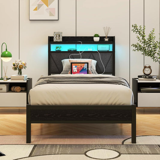 Gestoffeerd bedframe 90 x 200 cm, eenpersoonsbed frame met led en laadstation, bedframe met opbergruimte, tienerbed, logeerbed met hoofdeinde, perfect voor slaapkamer, logeerkamer, donkergrijs