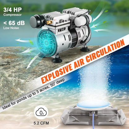 VEVOR Vijverbeluchter 550 W 5,2 CFM voor maximaal 3 acryl 15 m meer vijverventilatieset bevat compressor en verzwaarde slangen en 2 diffusers luchtcompressor voor zuurstofcirculatie in diep water