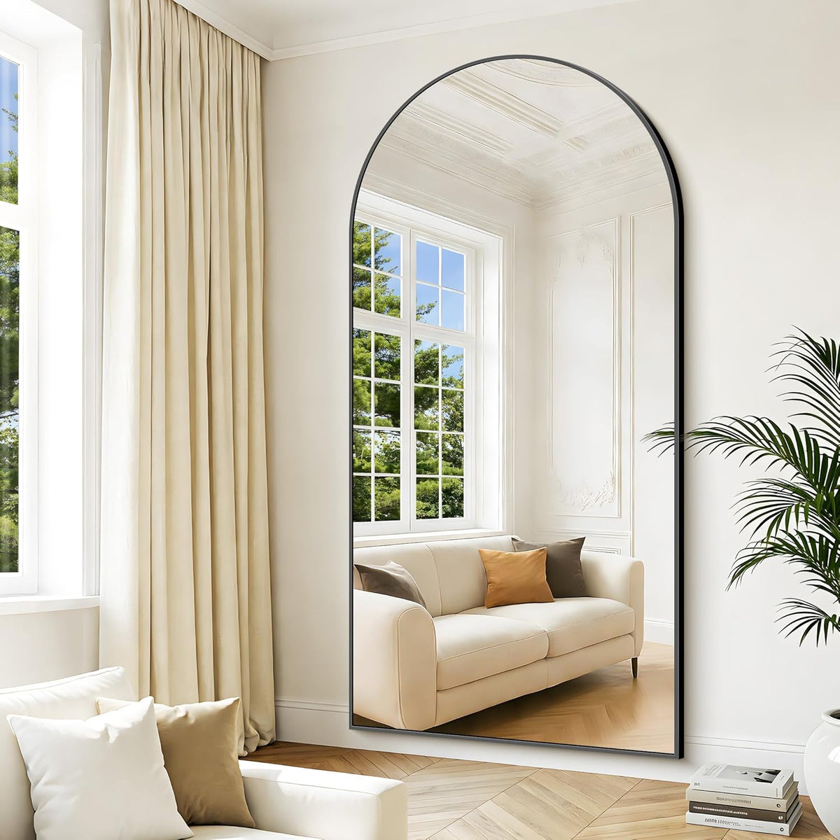 Boog full-body-spiegel, 203 x 103 cm, staande spiegel met zwart aluminium frame, grote wandspiegel, vloerspiegel voor slaapkamer, entree, hal, woondecoratie