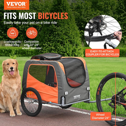 VEVOR Fietskar voor honden, inklapbaar, max. draagkracht 30 kg, kinderwagen voor huisdieren met snelontgrendelingswielen, stalen frame, fietskar voor aanhanger, dieren, oranje/grijs