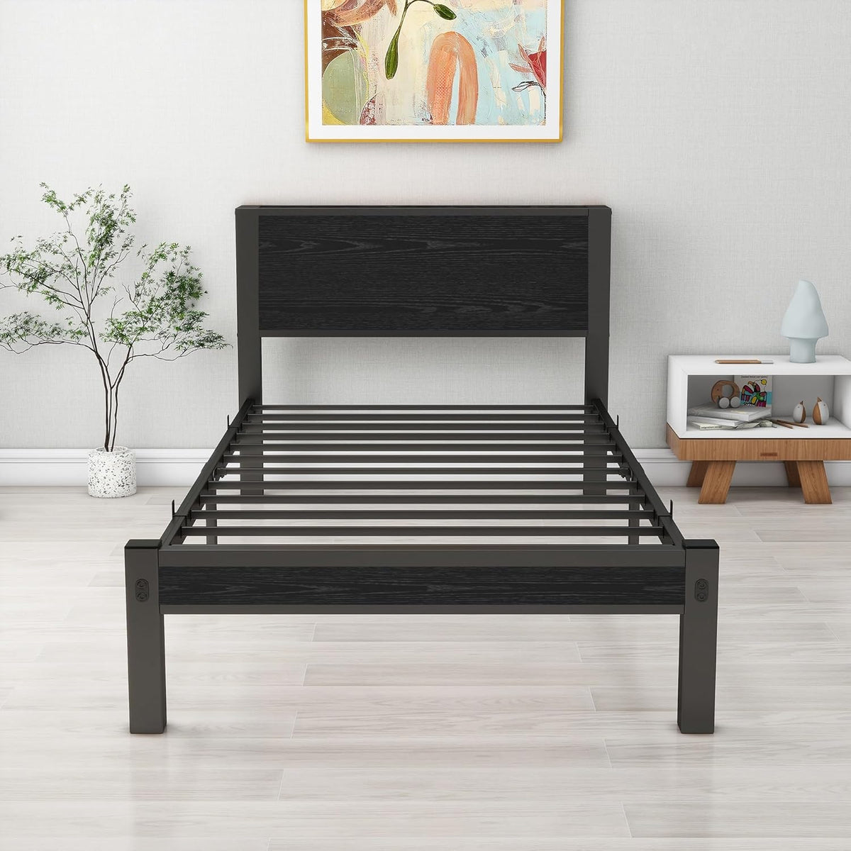 DUMEE Eenpersoonsbedframe met houten opbergplank hoofdeinde, 3FT metalen platform bedframe eenpersoonsbed, geen boxspring nodig, verbeterde ondersteuning, zwart eiken