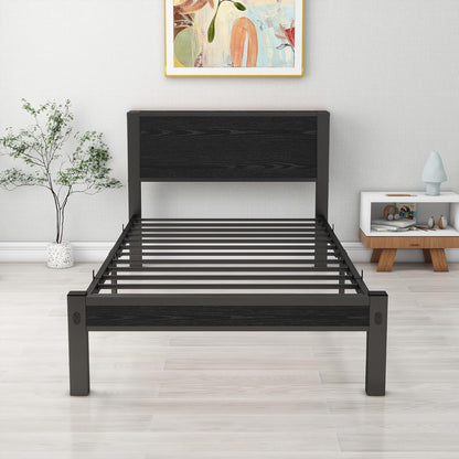 DUMEE Eenpersoonsbedframe met houten opbergplank hoofdeinde, 3FT metalen platform bedframe eenpersoonsbed, geen boxspring nodig, verbeterde ondersteuning, zwart eiken