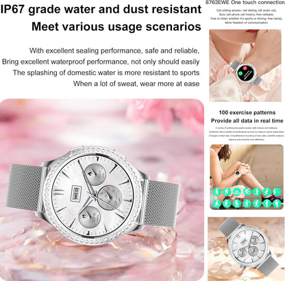 Smartwatch Dames met Bluetooth Bellen, 1.32'' Smartwatch met Diamant, IP68 Waterdicht Smart Watch, 123 Sportmodi, Muziekspeler, Hartslagmonitor, SpO2, Smartwatches voor Android iOS (Zilver)