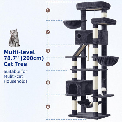 Krabpaal groot, kattenboom, grote katten, stabiel voor binnen, 200 cm, kattenkrabpaal met ruime platforms, kattenholen, hangmat, sisalzuilen, rookgrijs GCT031G