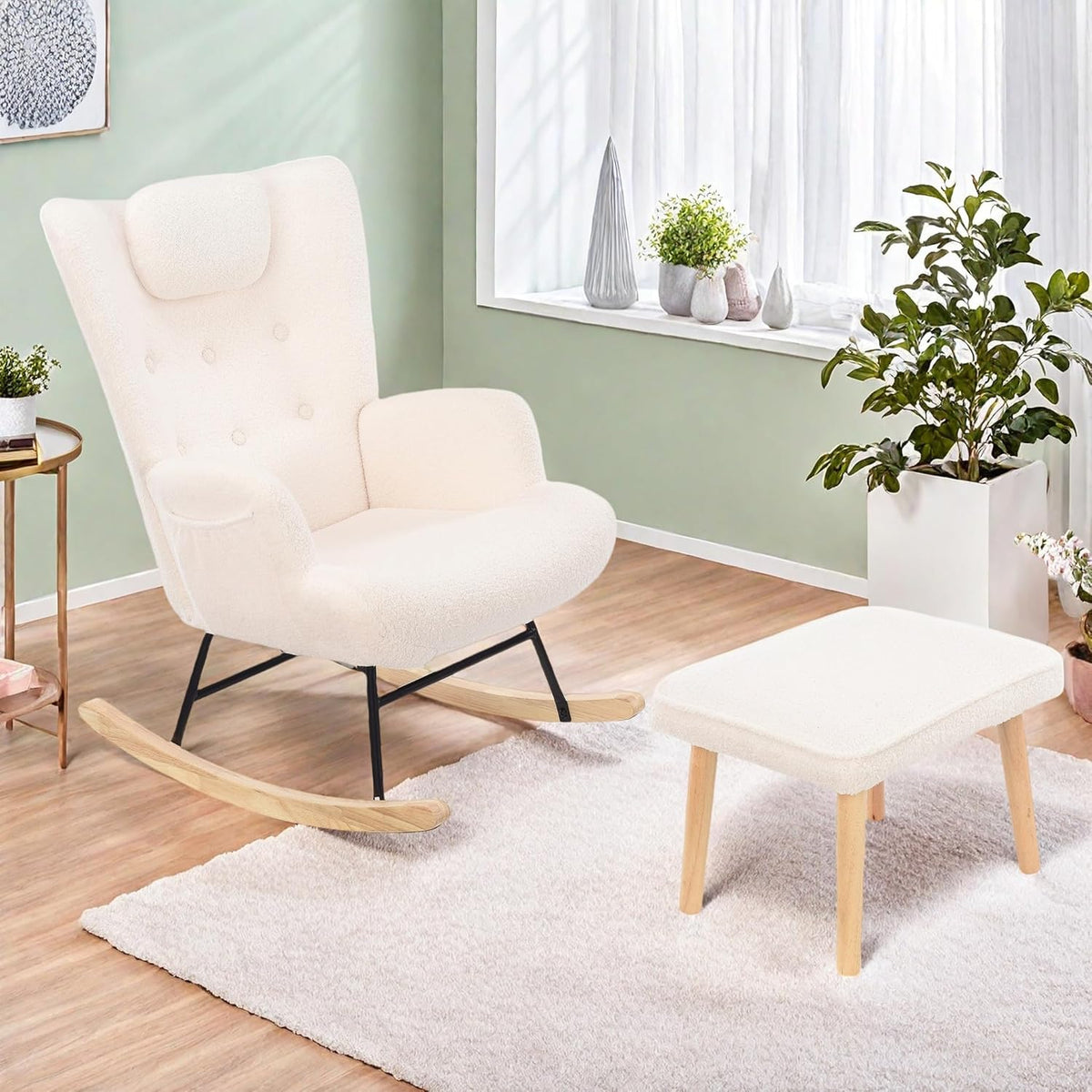 Schommelstoel – Relaxstoel – Schommelstoel Met Voetensteun – Lounge Stoel – Wipstoel – Teddy Pluche Wit – Houten Frame – Ergonomisch Hoofdsteun