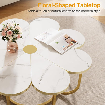 Tribesigns White and Gold Coffee Table, Modern Flower Shaped Coffee Table with Imitation Marble Top, 100cm Large Floral Accent Table with Metal Frame