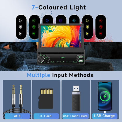 1 DIN autoradio met Bluetooth, iOS/Android Mirror Link, 7-inch handmatig inklapbaar touchscreen, Bluetooth handsfree bellen, FM-radio/USB/AUX/EQ/Type C, stuurwielbediening + achteruitrijcamera
