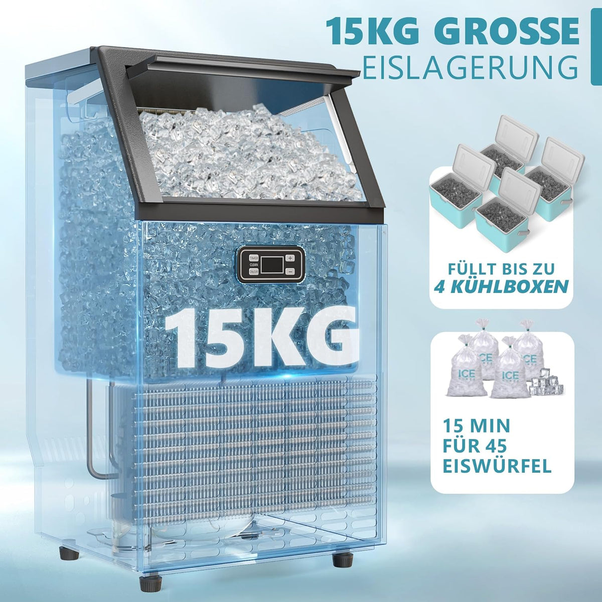 EUHOMY Commerciële ijsblokjesmachine, 45 kg/24 uur, roestvrij staal, ondertafel-ijsmachine met 15 kg ijsopslagcapaciteit, vrijstaande ijsmachine met timer, ideaal voor bars, drankwinkels en grote