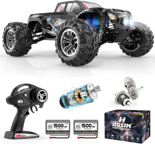 Hosim 1:10 op afstand bestuurde auto, snel met verlichting, RC auto's, offroad, 48+ km/h, Hobby Grade Drift RC Monster Truck met 2 accu's 40 + min speeltijd, voor kinderen en volwassenen (X06, zwart)
