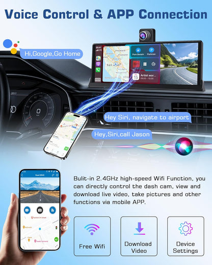 Exclusieve houder: Carplay display, Android autodisplay met 350° draaibare 4K dashcam, 10,26 inch draagbare driveplay-autoradio, Carplay Dual-Bluetooth rijnavigatie Siri G-oogle