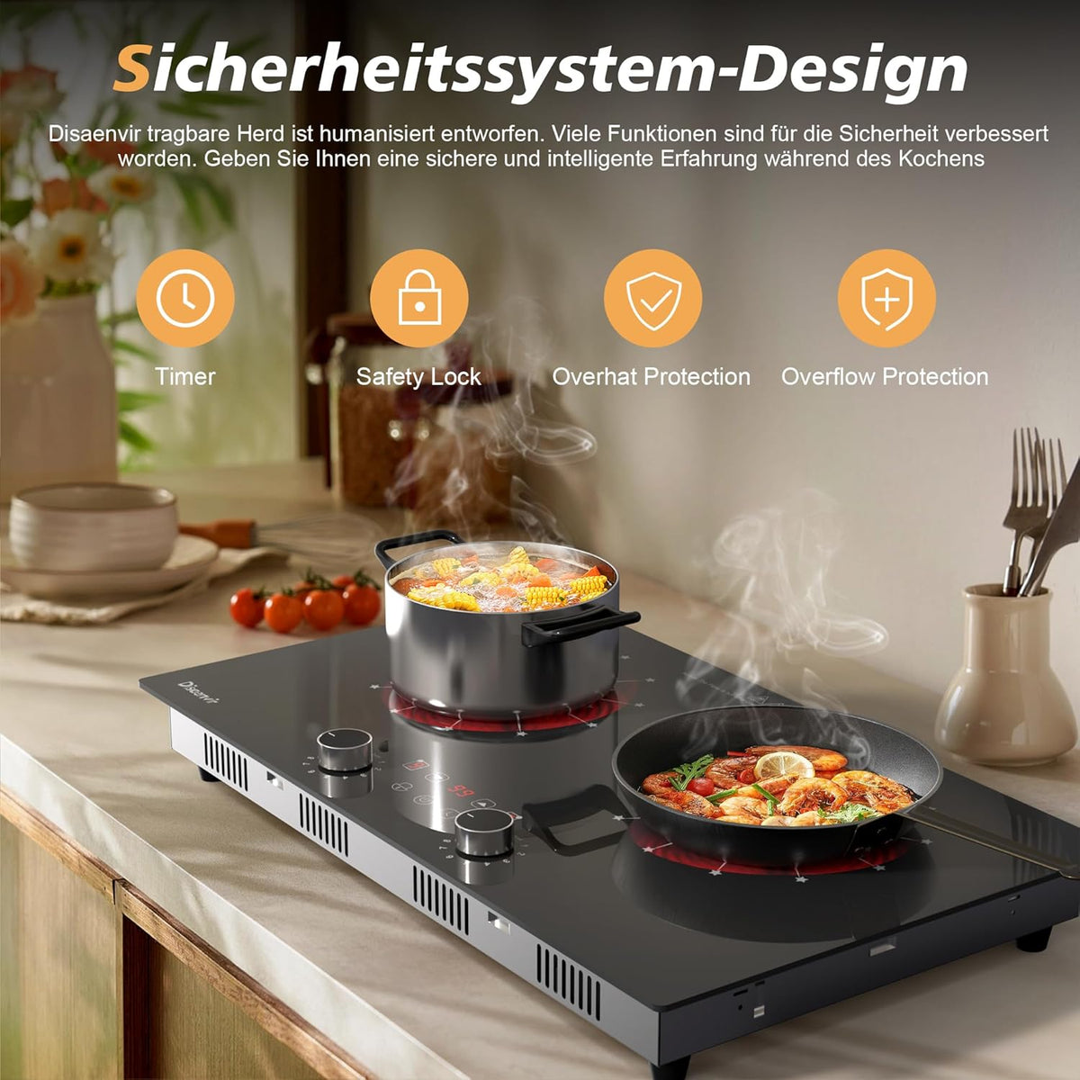 Heraplatte 2 kookplaten met stekker, 3200 W kookplaat, 2 platen, draagbare keramische kookplaat, dubbele draaiknop, kookplaat met 9 standen, 2 vrijstaand, timer, veiligheidsslot, Disaenvir