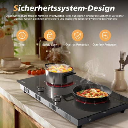 Heraplatte 2 kookplaten met stekker, 3200 W kookplaat, 2 platen, draagbare keramische kookplaat, dubbele draaiknop, kookplaat met 9 standen, 2 vrijstaand, timer, veiligheidsslot, Disaenvir