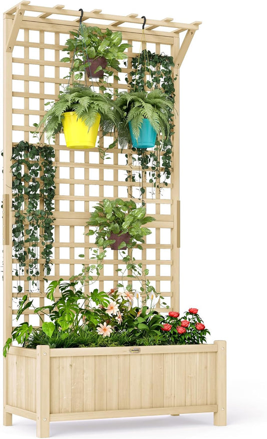 Outsunny verhoogde plantenbak met trellis, houten bloembak met trellis, tuintrellis 90 x 45 x 183 cm voor tuin, balkon, terras, bloembak voor klimplanten en hangplanten - QUORE