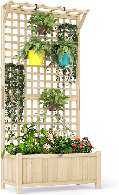 Outsunny Raised Planter with Trellis, Wooden Flower Box with Trellis, Garden Trellis 90 x 45 x 183 cm for Garden, Balcony, Patio, Flower Box for Climbing Plants and Hanging Plants