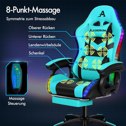ALFORDSON Gaming Chair, Office Chair, Swivel Large Massage Chair with 8 Points, RGB LED Light, 12 Colours, Ergonomic with Footrest, Headrest and Lumbar Cushion, Cyan - QUORE