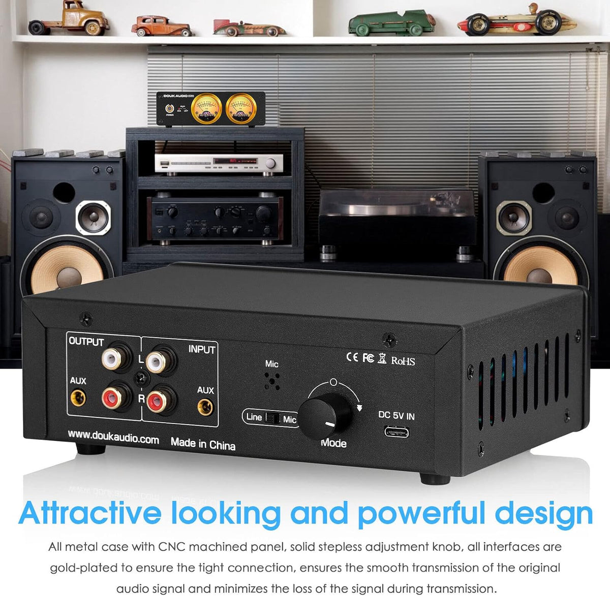 Douk Audio VU22 Dubbele analoge VU-meter display, DB-paneel, muziekspectrum, MIC en LINE geluidsniveaumeter, audio-indicator