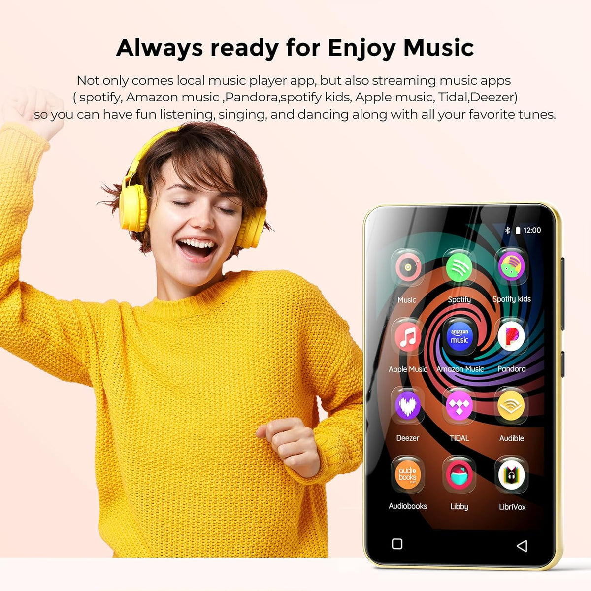 Innioasis Music Player with Bluetooth, WiFi, Spotify, Pandora, Amazon Music, 4-Inch Touchscreen, Libby, Audible, Audiobook (Black Gold) - QUORE
