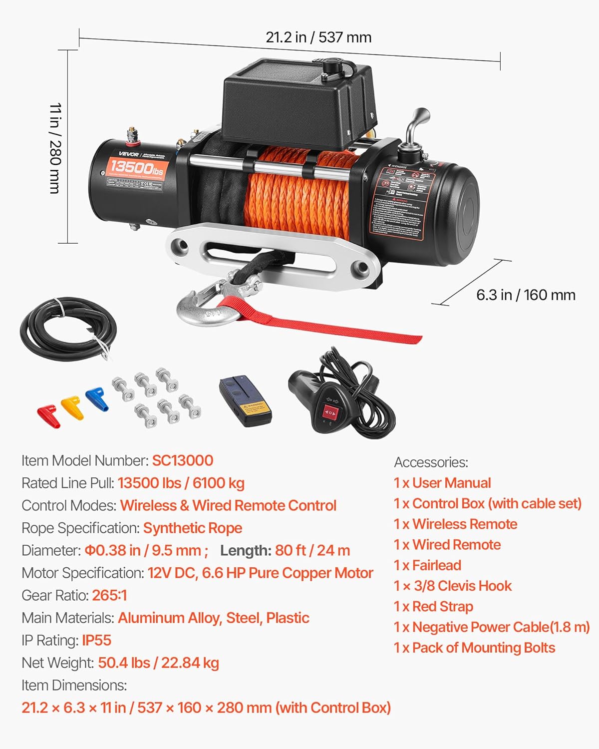 VEVOR 12 V cable winch, 6150 kg, motor winch, 12 V DC, electric winch diameter 1 x 2440 cm, synthetic cable, aluminium cable guide, wireless/wired remote control, IP55, for