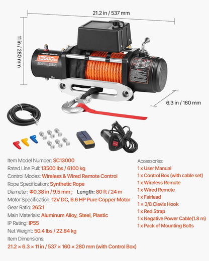 VEVOR 12 V kabellier, 6123 kg, motorlier, 12 V DC, elektrische lier met diameter 1 x 2438,4 cm, synthetische kabel, aluminium kabelgeleiding, draadloze/bekabelde afstandsbediening, IP55, voor het