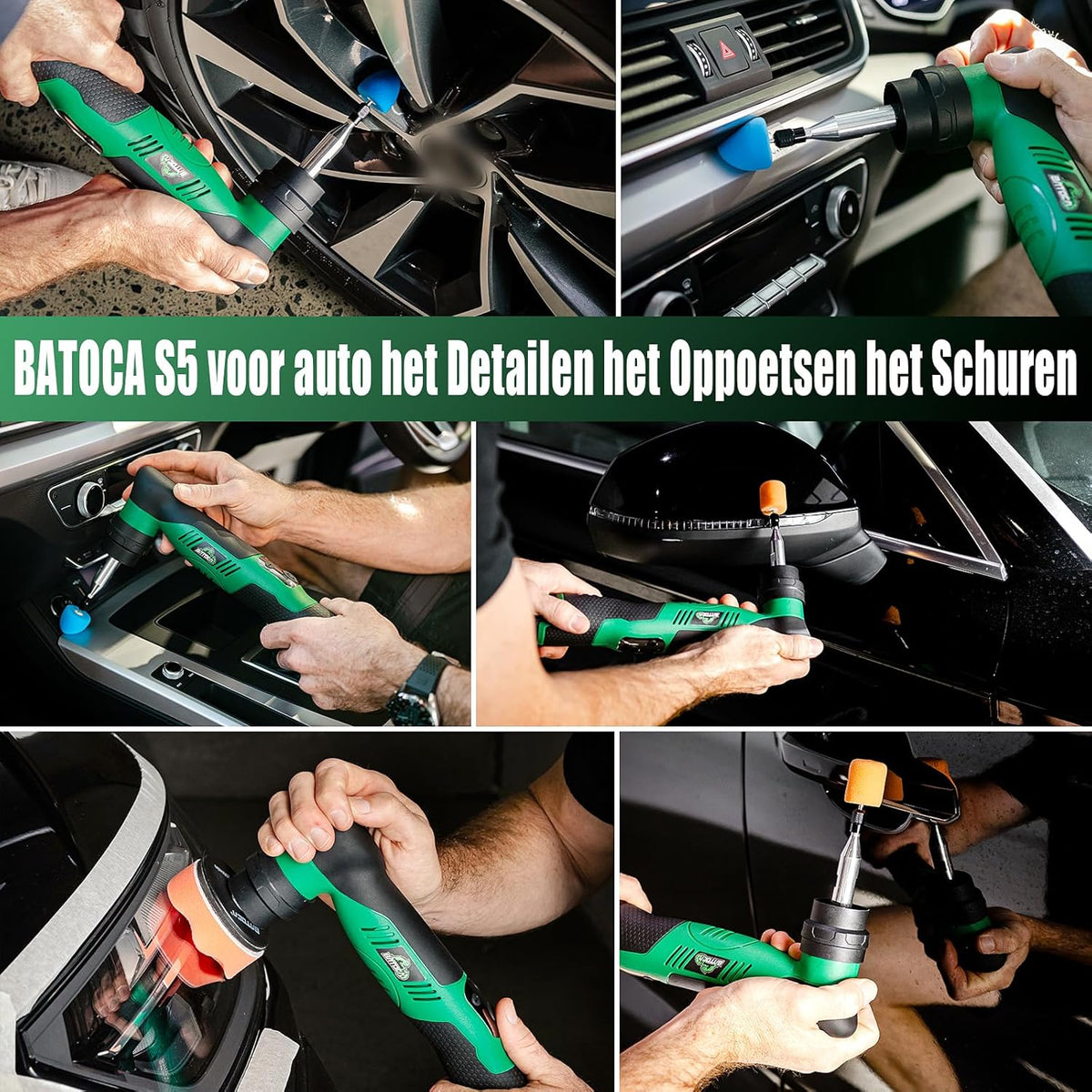 BATOCA S5 Snoerloze Auto Polijstmachine Mini Polijstmachine met 2 12V 2.0Ah Batterijen Roterende & Orbitale Auto Polijstmachine 25mm/50mm/75mm Polijstpads 6 Snelheden 2000-5500RPM voor Auto Detailing
