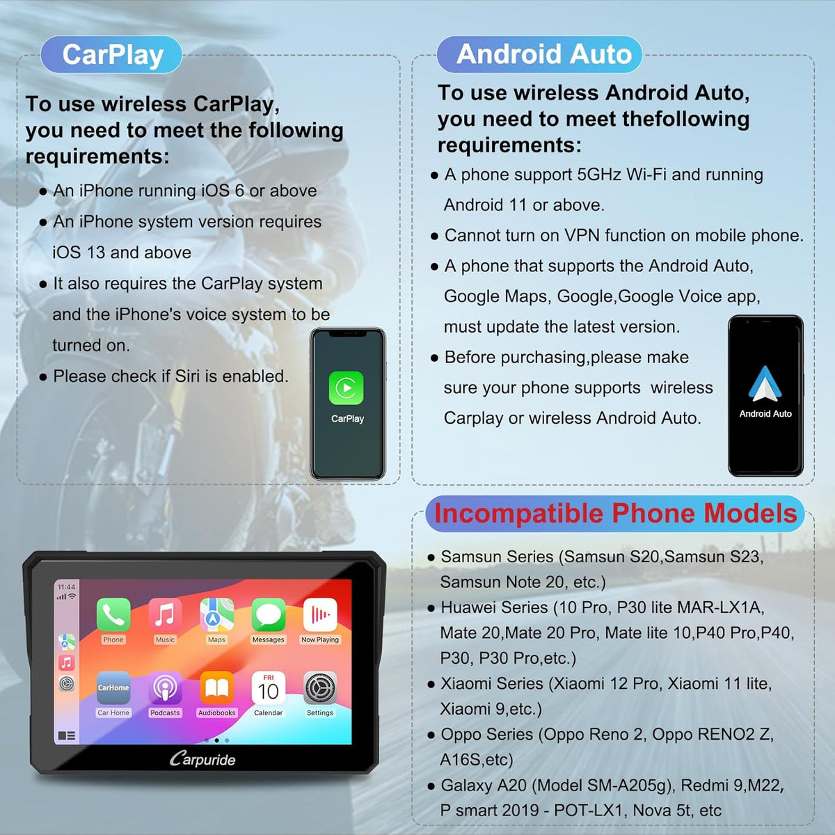 Carpuride W702B motorfiets GPS Carplay scherm met designhouder voor BMW motorfietsen, draadloze CarPlay en Android auto, draagbaar waterdicht 7 inch touchscreen, Bluetooth Trans, navigatie, Siri.