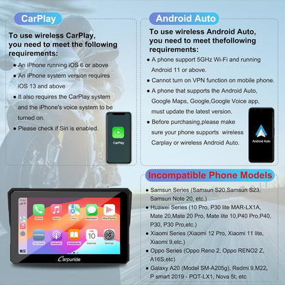 Carpuride W702B motorfiets GPS Carplay scherm met designhouder voor BMW motorfietsen, draadloze CarPlay en Android auto, draagbaar waterdicht 7 inch touchscreen, Bluetooth Trans, navigatie, Siri.