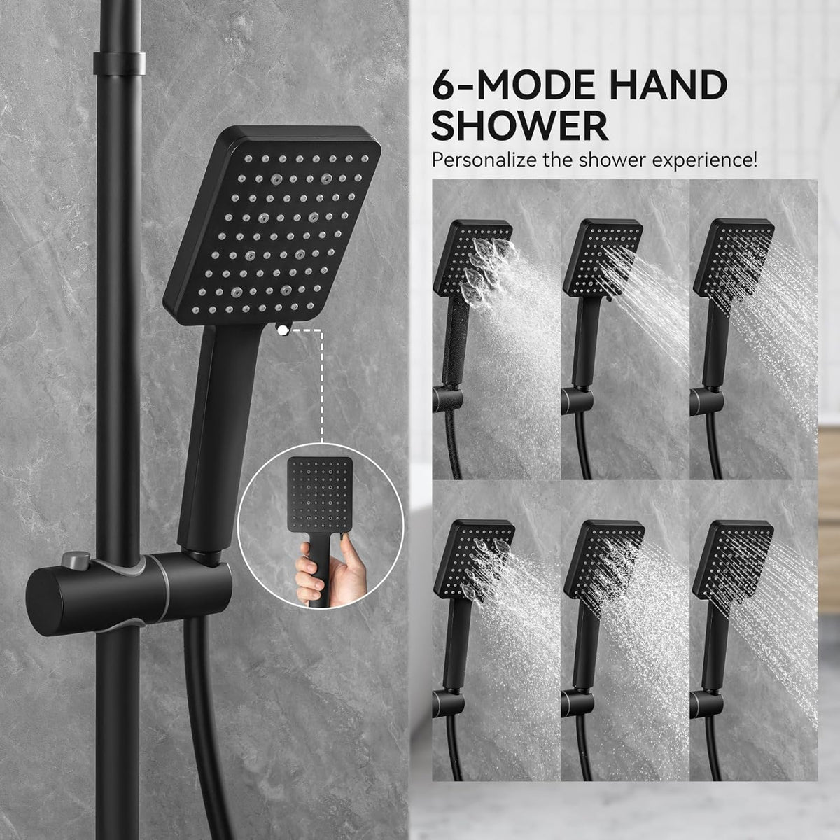Thermostaat Doucheset – Douchegarnituur – Douchestang – Regendouche – Handdouche – 30x30 cm RVS Regendouche – 6 Straalsoorten Handdouche – Verstelbare Douchestang 88-124 cm – Matzwart Roestvrij Staal