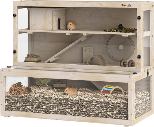 Houten Hamsterkooi – Knaagdierkooi – Dierverblijf – Hamsterhok – Rodent Cage – 3 Verdiepingen Met Loopwiel – Transparant Venster Voor Goed Zicht