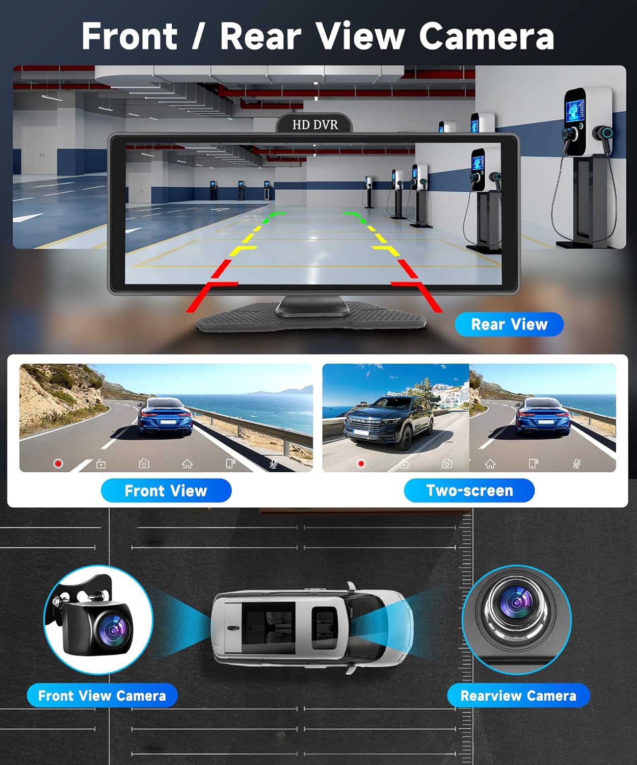 Podofo Carplay Draagbare autoradio, voor Android en Android, 10,26 inch touchscreen, ADAS FM-zender, USB/AUX/SD gedeeld scherm met achteruitrijcamera, 10 m, DC9-36 V