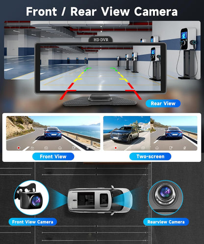 Podofo Carplay Draagbare autoradio, voor Android en Android, 10,26 inch touchscreen, ADAS FM-zender, USB/AUX/SD gedeeld scherm met achteruitrijcamera, 10 m, DC9-36 V