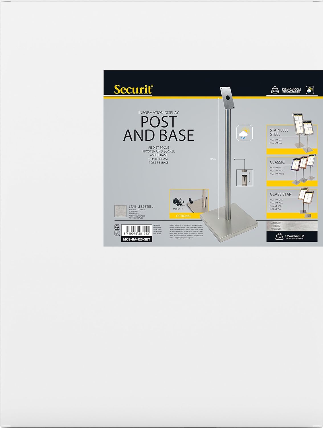 Securit Post + Basisset voor informatiedisplays-Roestvrij staal-125x40cm, roestvrij-staal, 125 x 60 x 16,5 cm