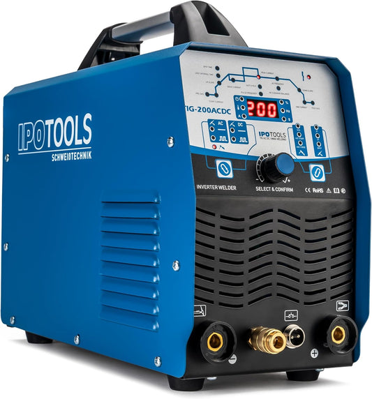 IPOTOOLS TIG-200ACDC WIG lasapparaat, AC DC, lasapparaat met 200 ampère, aluminium lasapparaat, inverter, incl. HF-ontsteking, pulsfunctie, SPOT-lassen, MMA, IGBT-technologie, 7 jaar garantie