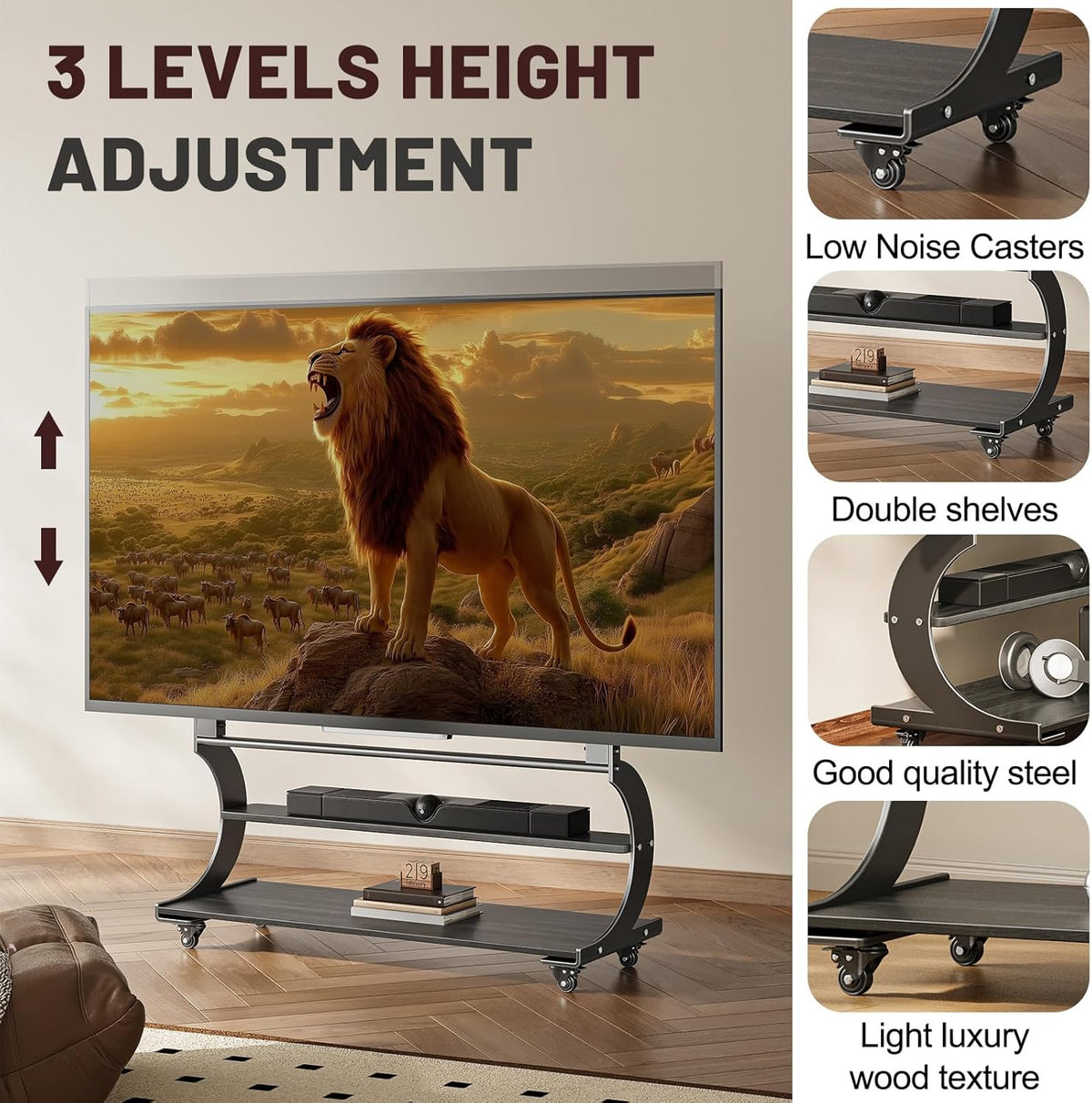 Tv-standaard, oprolbaar, voor 50-100 inch platte en gebogen tv's tot 100 kg, tv-standaard, in hoogte verstelbaar, met 2-traps plank, MAX VESA 900 x 600 mm (zwart)