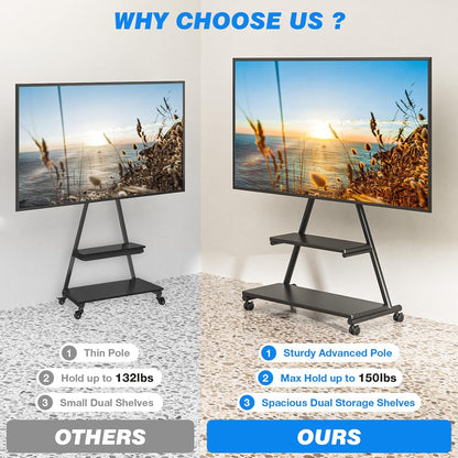 TVON Mobiele tv-standaard voor tv's van 43-80 inch tot 68 kg met planken (max. VESA 600 x 400 mm, in hoogte verstelbaar op wielen)