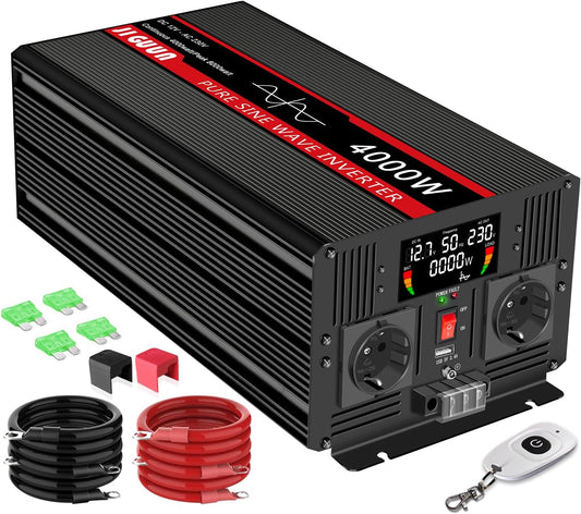 Omvormer – Spanningsomvormer – Inverter – Converter – Zuivere Sinusgolf – 4000W Continu Vermogen – Draadloze Afstandsbediening & LCD Display - QUORE